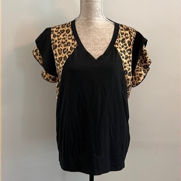 Shein size large leopard/ black flutter sleeve tee shirt.  Very pretty basic. - Picture 1 of 6